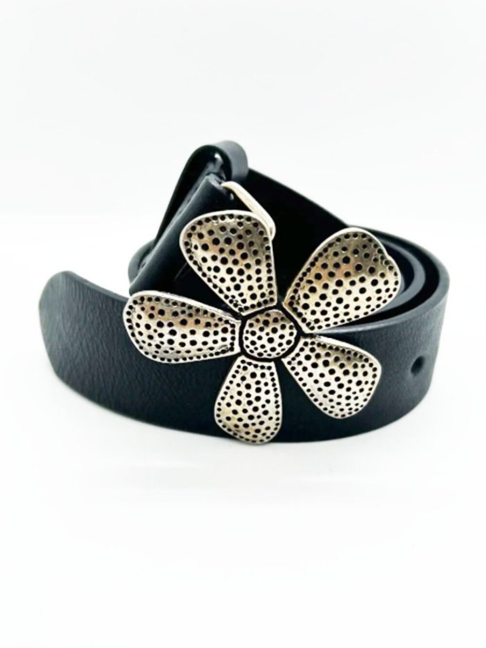 Silpada Leather Black Belt with Silver Metal Flower Buckle Size S